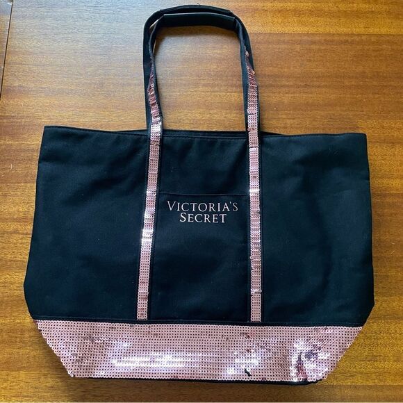 Victoria’s Secret Sequin And Canvas Tote Pink Black - Picture 1 of 12